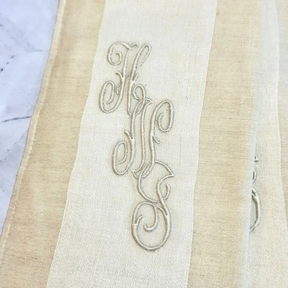 Antique Guest Towels Set 6 Ivory Linen Two Tone Monogram HNJ French 1920s EUC